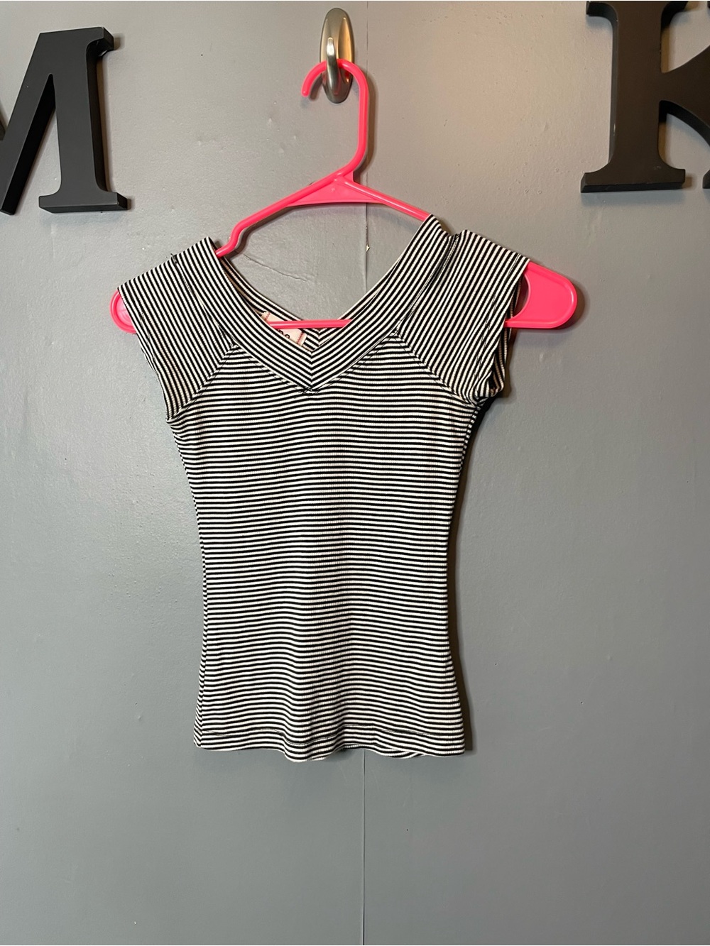 BDG Striped Ribbed Knit V-Neck Top Black White XS